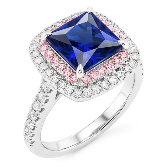 Edelstein Aus der Erde Abgebauter Natürlicher Diamantring Blauer & Rosa Saphir Doppel Halo 6.50 Karat Gold