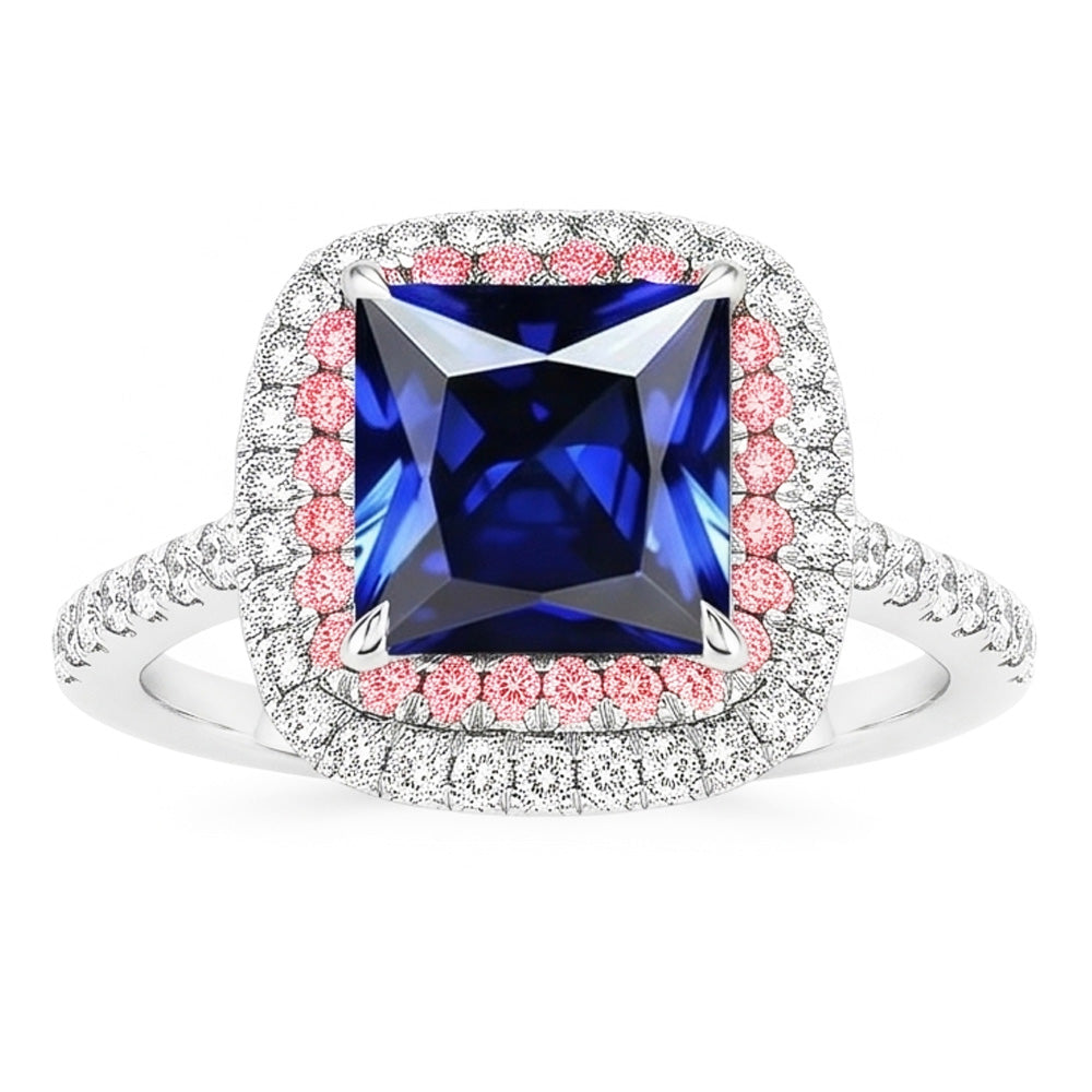 Edelstein Aus der Erde Abgebauter Natürlicher Diamantring Blauer & Rosa Saphir Doppel Halo 6.50 Karat Gold