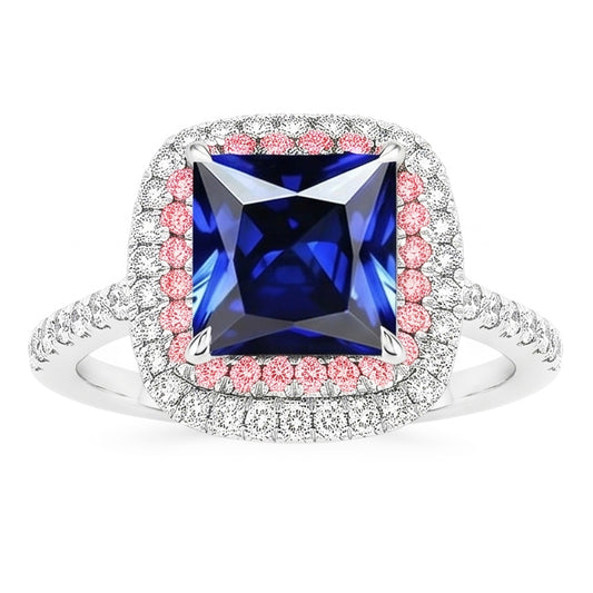 Edelstein Aus der Erde Abgebauter Natürlicher Diamantring Blauer & Rosa Saphir Doppel Halo 6.50 Karat Gold