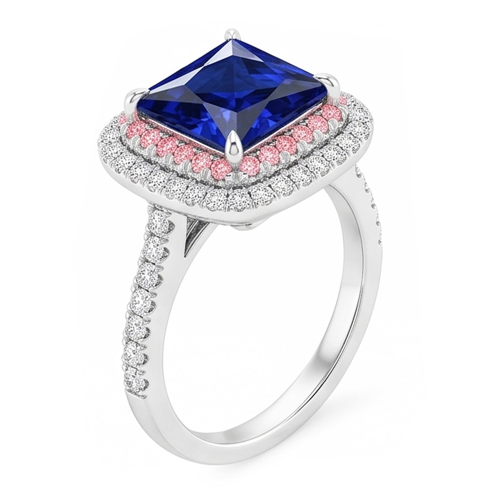 Edelstein Aus der Erde Abgebauter Natürlicher Diamantring Blauer & Rosa Saphir Doppel Halo 6.50 Karat Gold