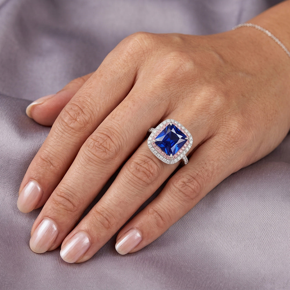 Edelstein Aus der Erde Abgebauter Natürlicher Diamantring Blauer & Rosa Saphir Doppel Halo 6.50 Karat Gold