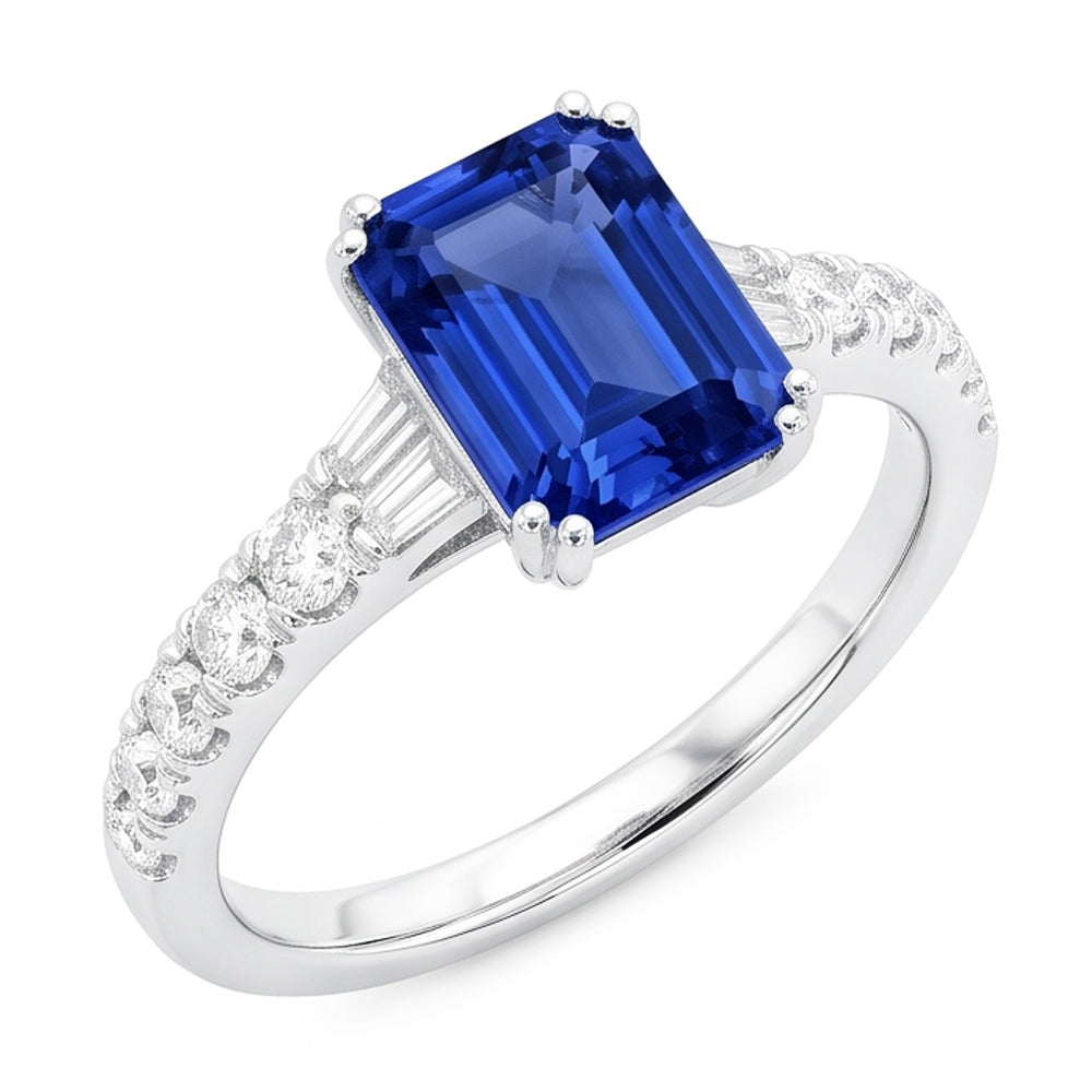 Edelstein Blauer Saphir Ring Baguette & Runde Akzente 3,50 Karat