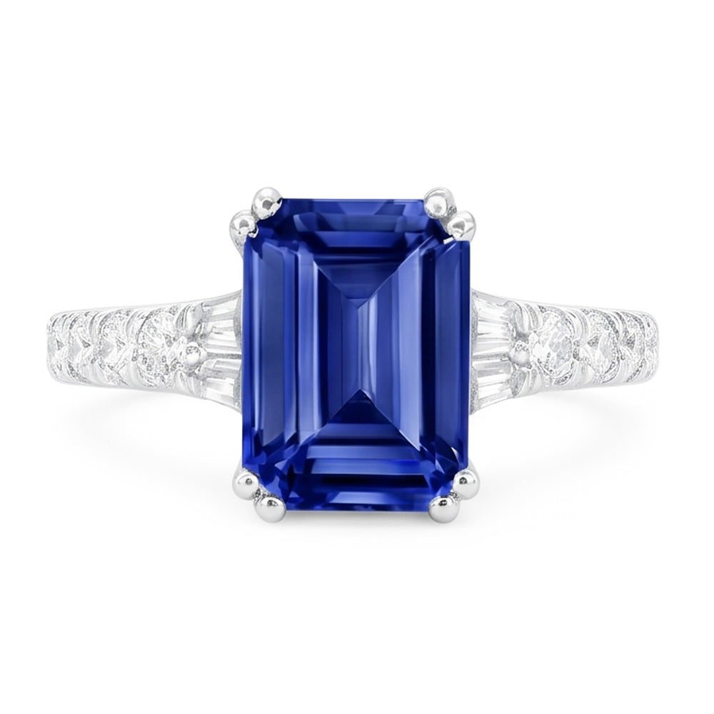 Edelstein Blauer Saphir Ring Baguette & Runde Akzente 3,50 Karat
