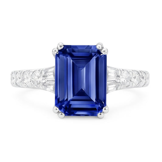 Edelstein Blauer Saphir Ring Baguette & Runde Akzente 3,50 Karat