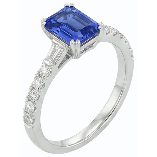 Edelstein Blauer Saphir Ring Baguette & Runde Akzente 3,50 Karat