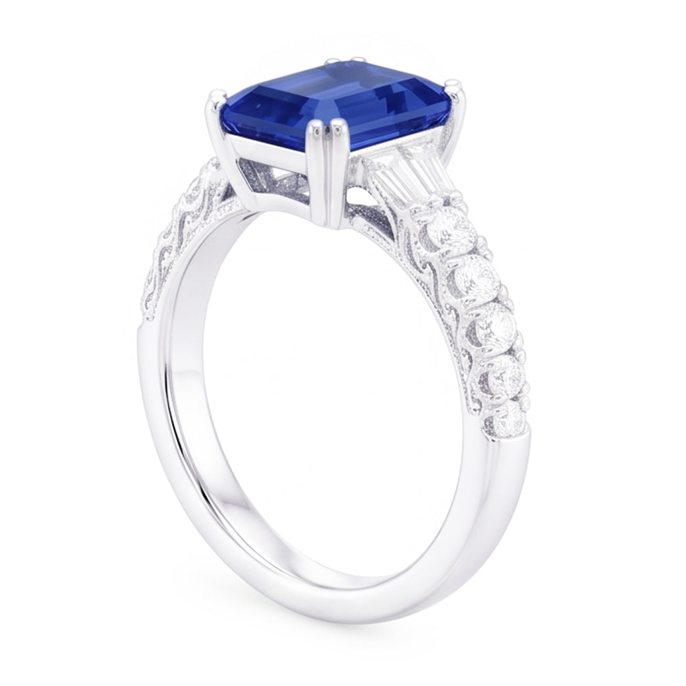 Edelstein Blauer Saphir Ring Baguette & Runde Akzente 3,50 Karat