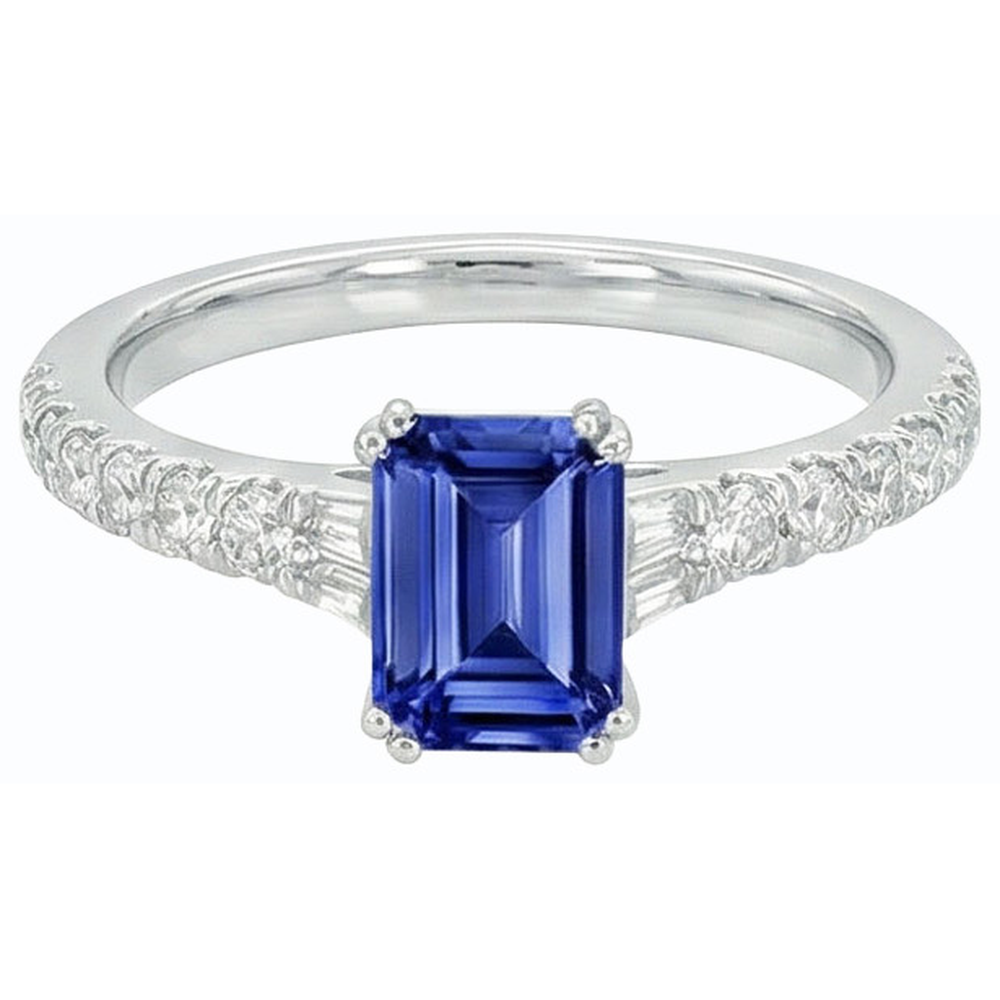 Edelstein Blauer Saphir Ring Baguette & Runde Akzente 3,50 Karat
