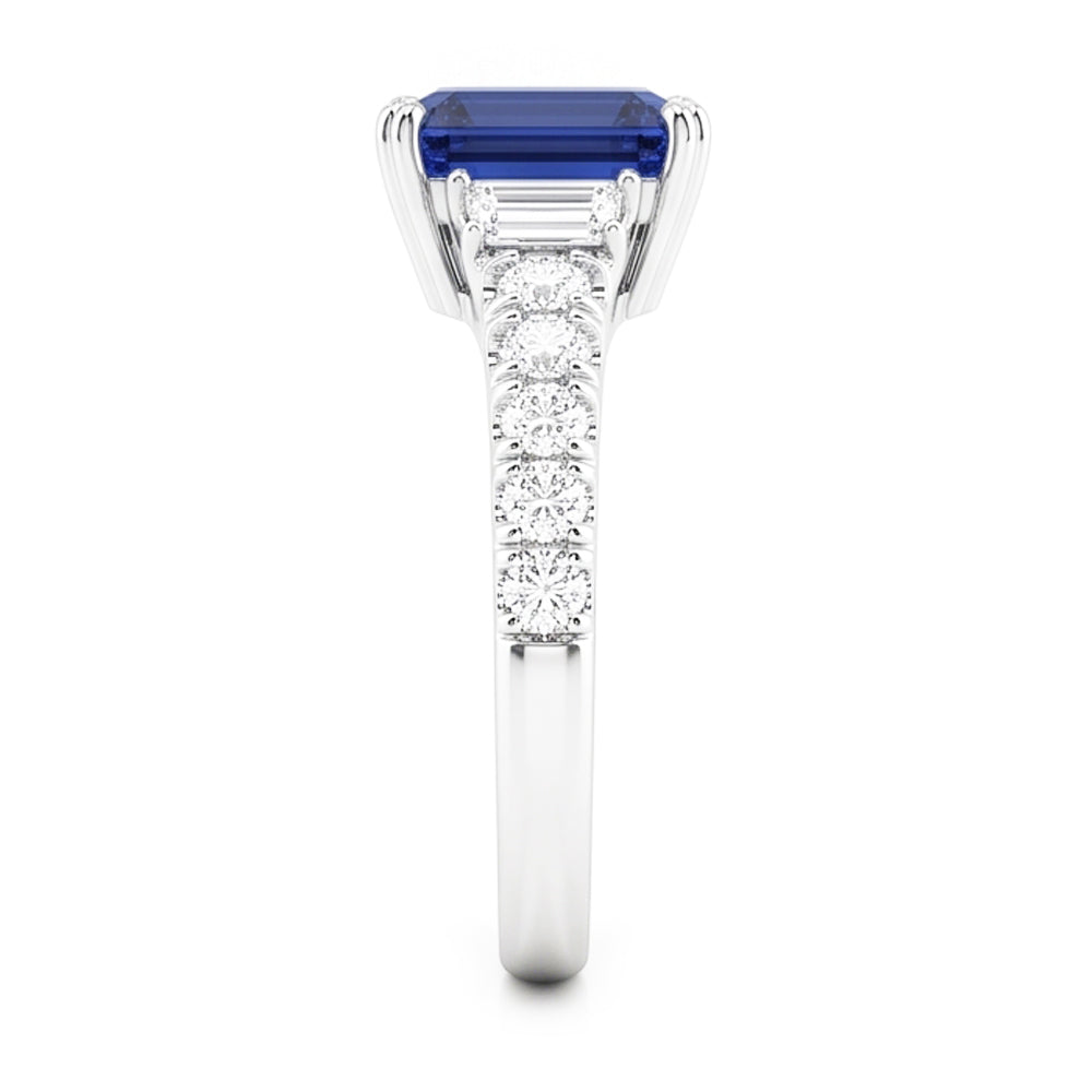 Edelstein Blauer Saphir Ring Baguette & Runde Akzente 3,50 Karat