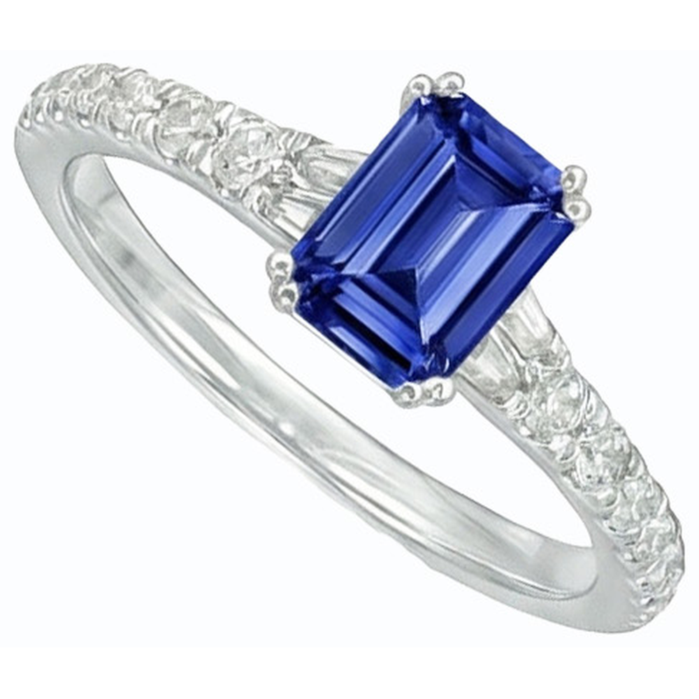 Edelstein Blauer Saphir Ring Baguette & Runde Akzente 3,50 Karat