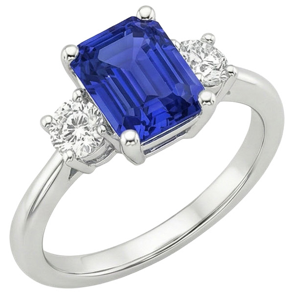 Edelstein-Drei-Steine-Ring runder Aus der Erde Abgebauter Natürlicher Diamant & Ceylon-Saphir 3.50 Karat