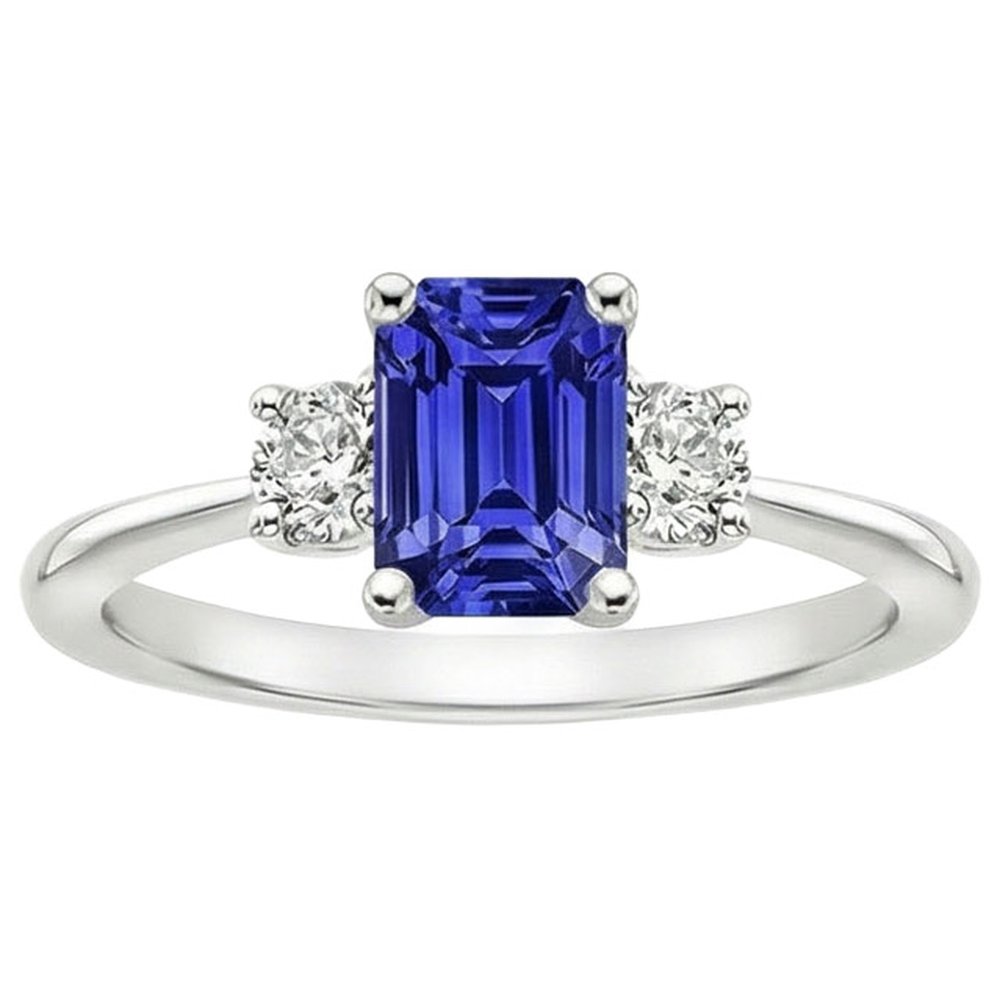 Edelstein-Drei-Steine-Ring runder Aus der Erde Abgebauter Natürlicher Diamant & Ceylon-Saphir 3.50 Karat