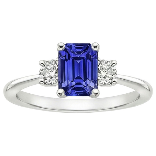 Edelstein-Drei-Steine-Ring runder Aus der Erde Abgebauter Natürlicher Diamant & Ceylon-Saphir 3.50 Karat