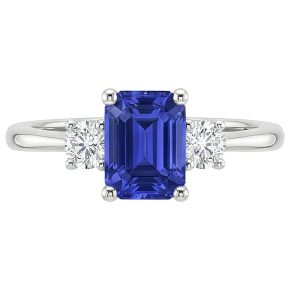 Edelstein-Drei-Steine-Ring runder Aus der Erde Abgebauter Natürlicher Diamant & Ceylon-Saphir 3.50 Karat