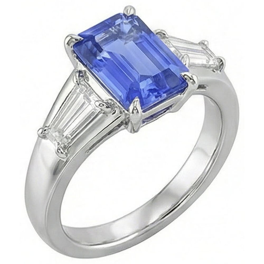 Edelstein Drei Steine Smaragdblauer Saphir & Natürlicher Diamant ( nicht im Labor gezüchtet ) Ring 3,50 Karat