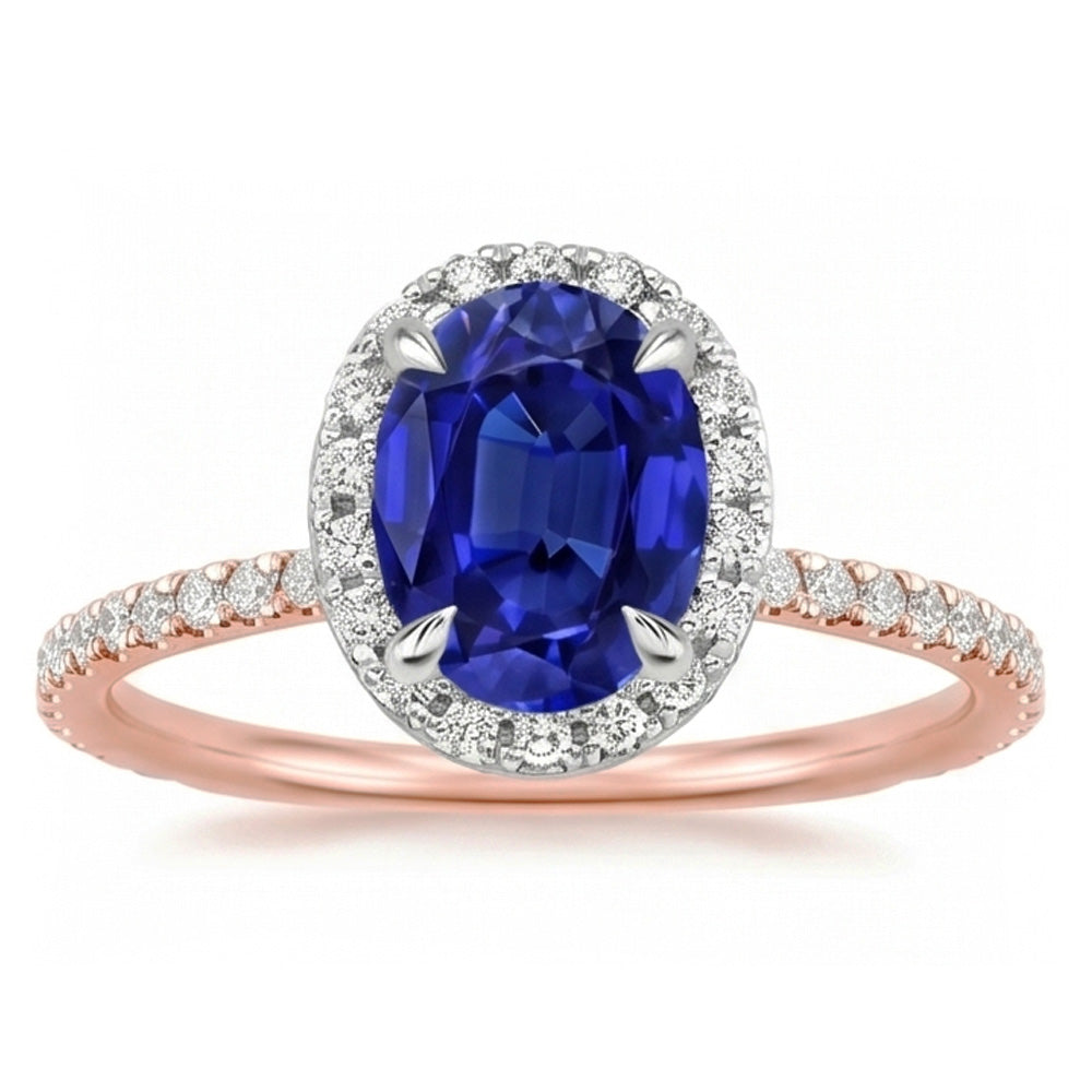 Edelstein Halo Ring Oval SriLanka Saphir 5 Karat Two Tone Gold 14K