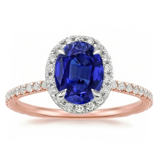 Edelstein Halo Ring Oval SriLanka Saphir 5 Karat Two Tone Gold 14K