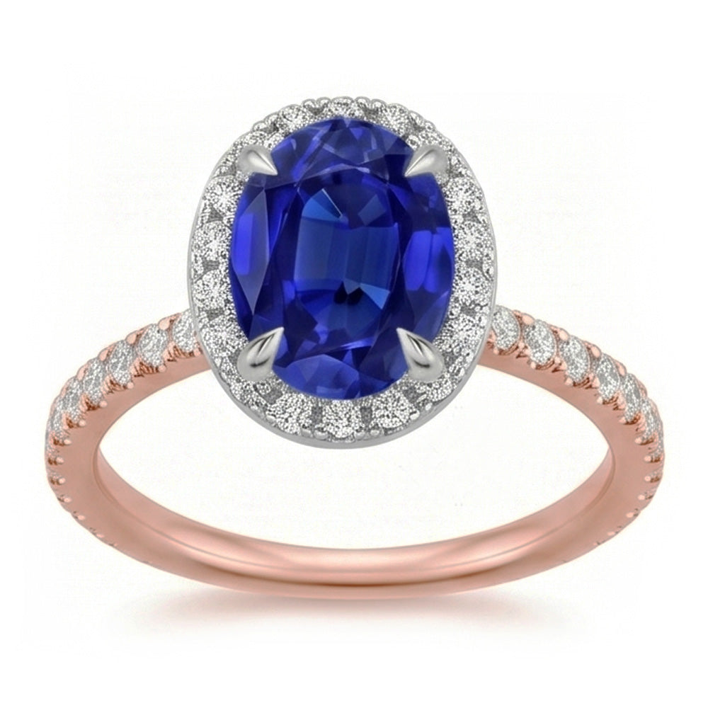 Edelstein Halo Ring Oval SriLanka Saphir 5 Karat Two Tone Gold 14K