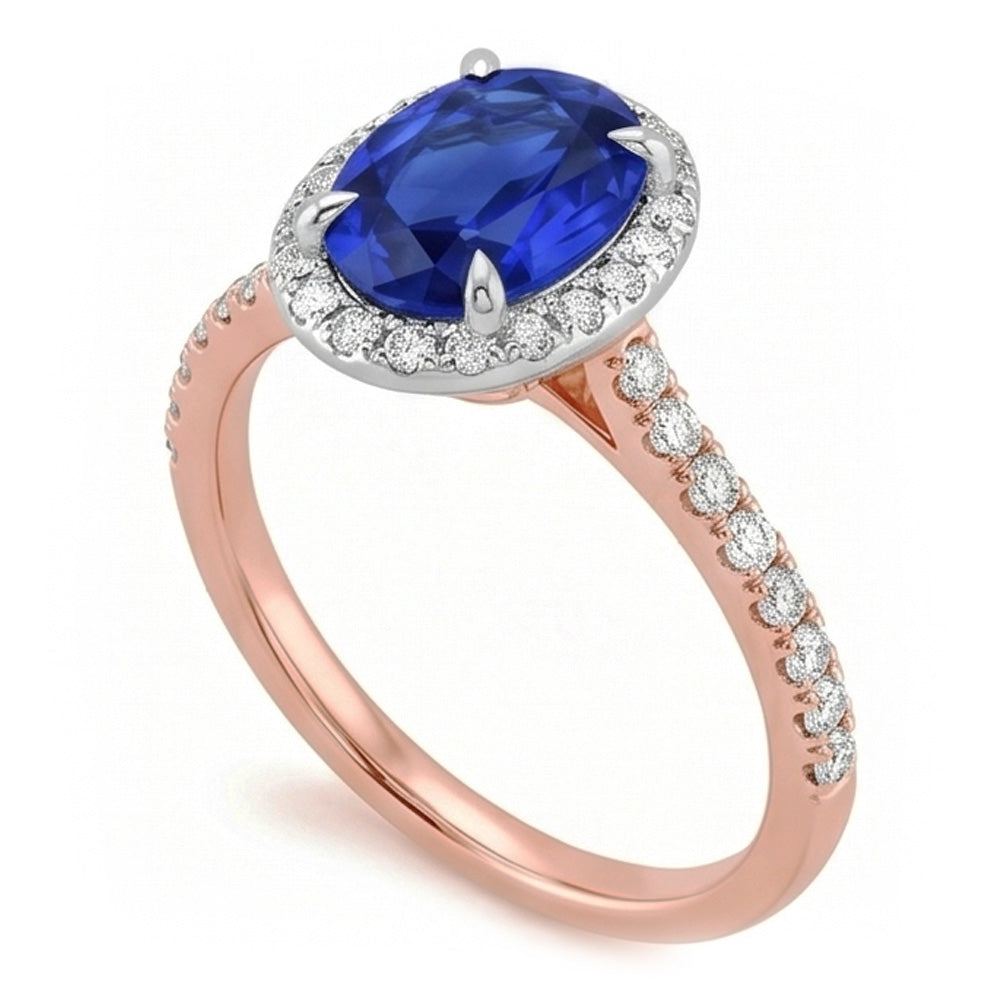 Edelstein Halo Ring Oval SriLanka Saphir 5 Karat Two Tone Gold 14K