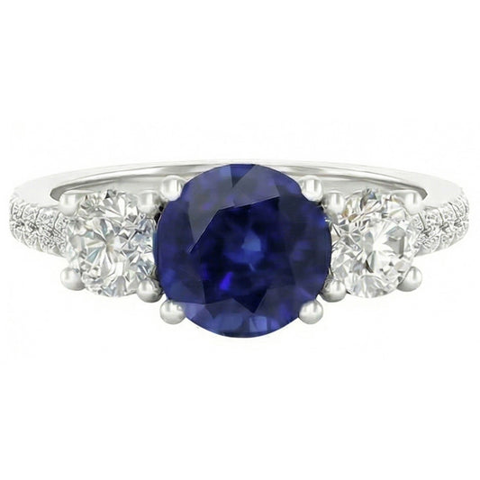Edelstein Runder Saphir Ring 3 Steinstil Aus der Erde Abgebauter Natürlicher Diamanten 6,50 Karat Gold
