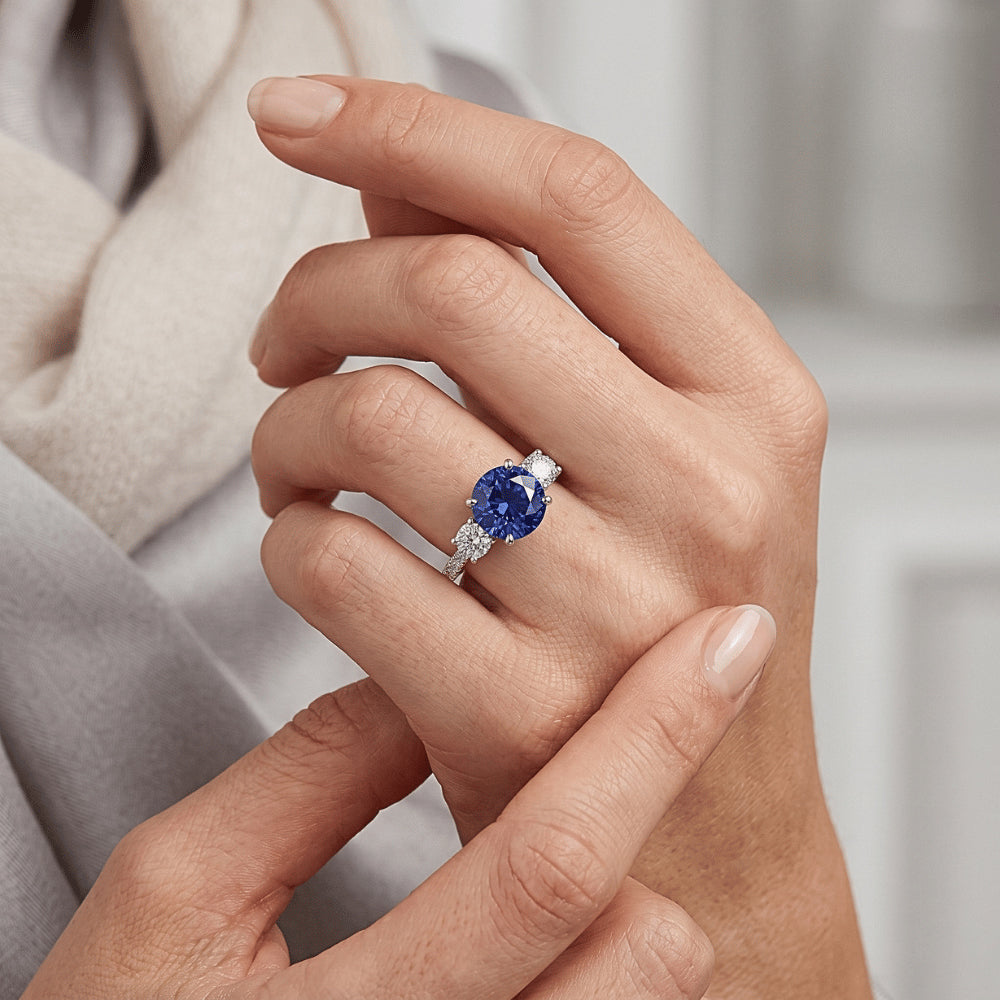 Edelstein Runder Saphir Ring 3 Steinstil Aus der Erde Abgebauter Natürlicher Diamanten 6,50 Karat Gold