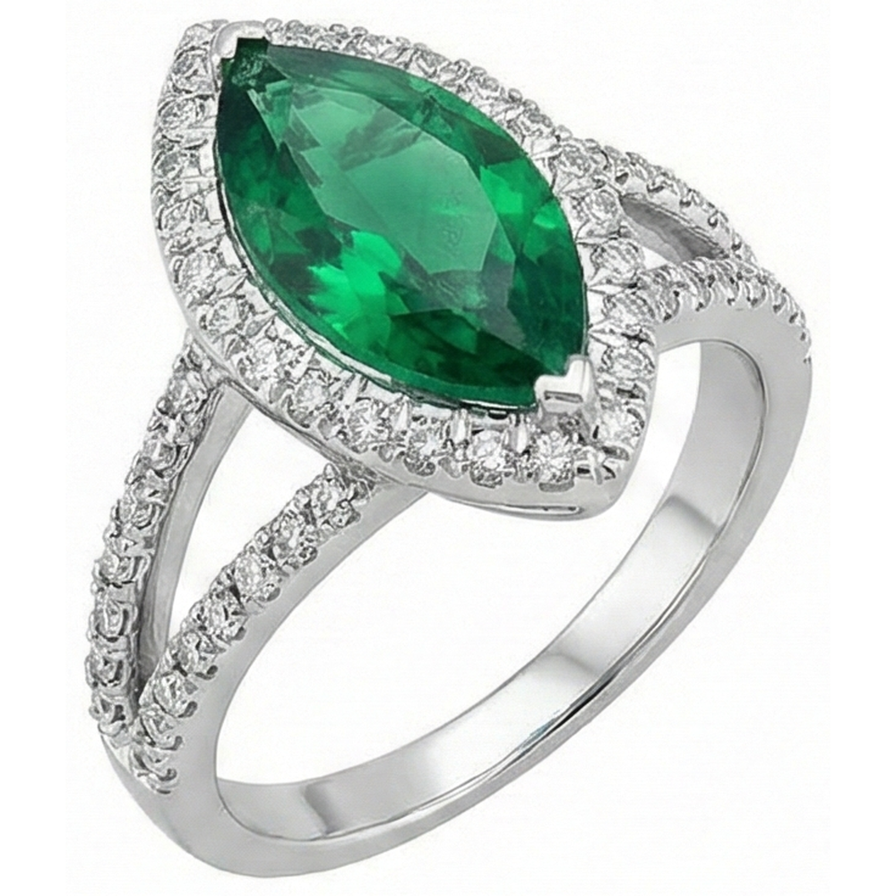 Edelsteinring 14K Marquise Grün Smaragd & Runde Aus der Erde Abgebauter Natürlicher Diamanten 3.35 Ct.