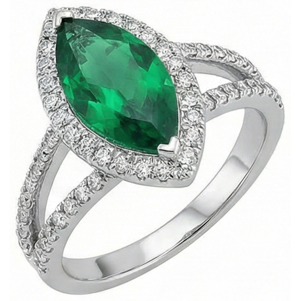 Edelsteinring 14K Marquise Grün Smaragd & Runde Aus der Erde Abgebauter Natürlicher Diamanten 3.35 Ct.