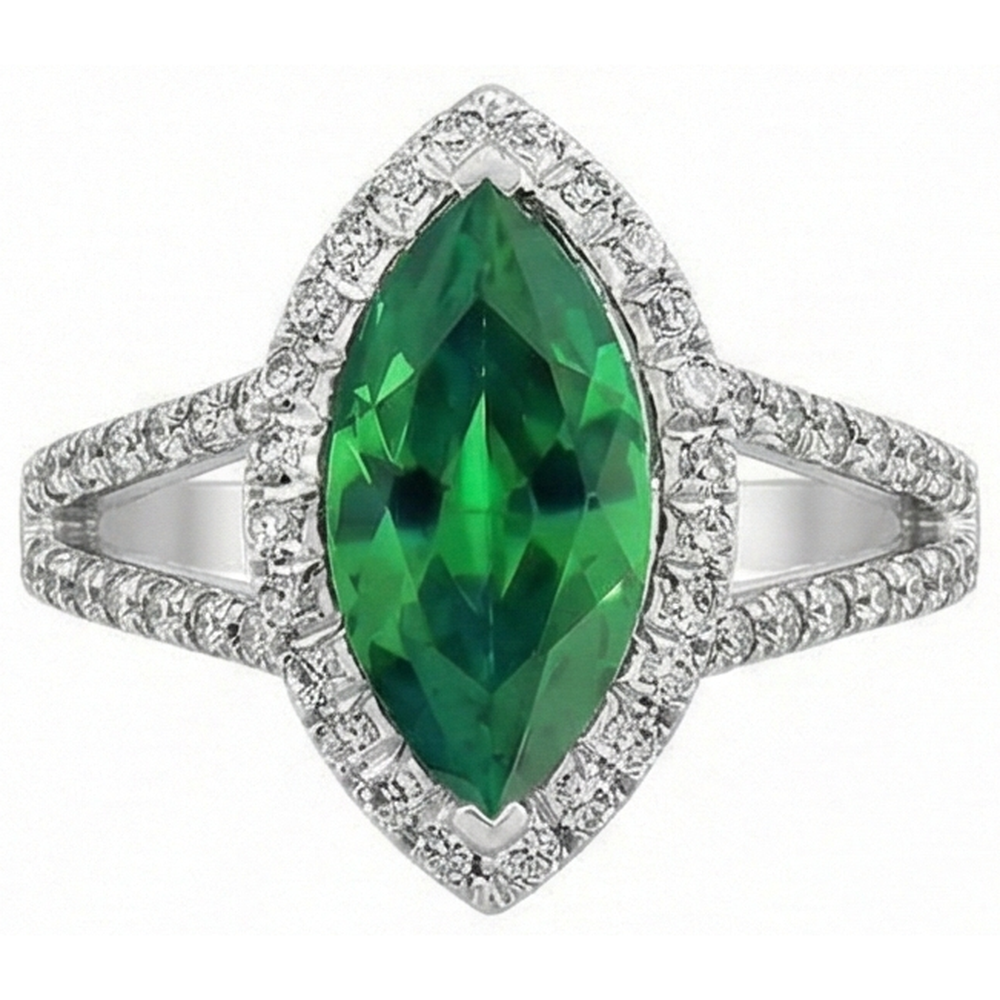 Edelsteinring 14K Marquise Grün Smaragd & Runde Aus der Erde Abgebauter Natürlicher Diamanten 3.35 Ct.