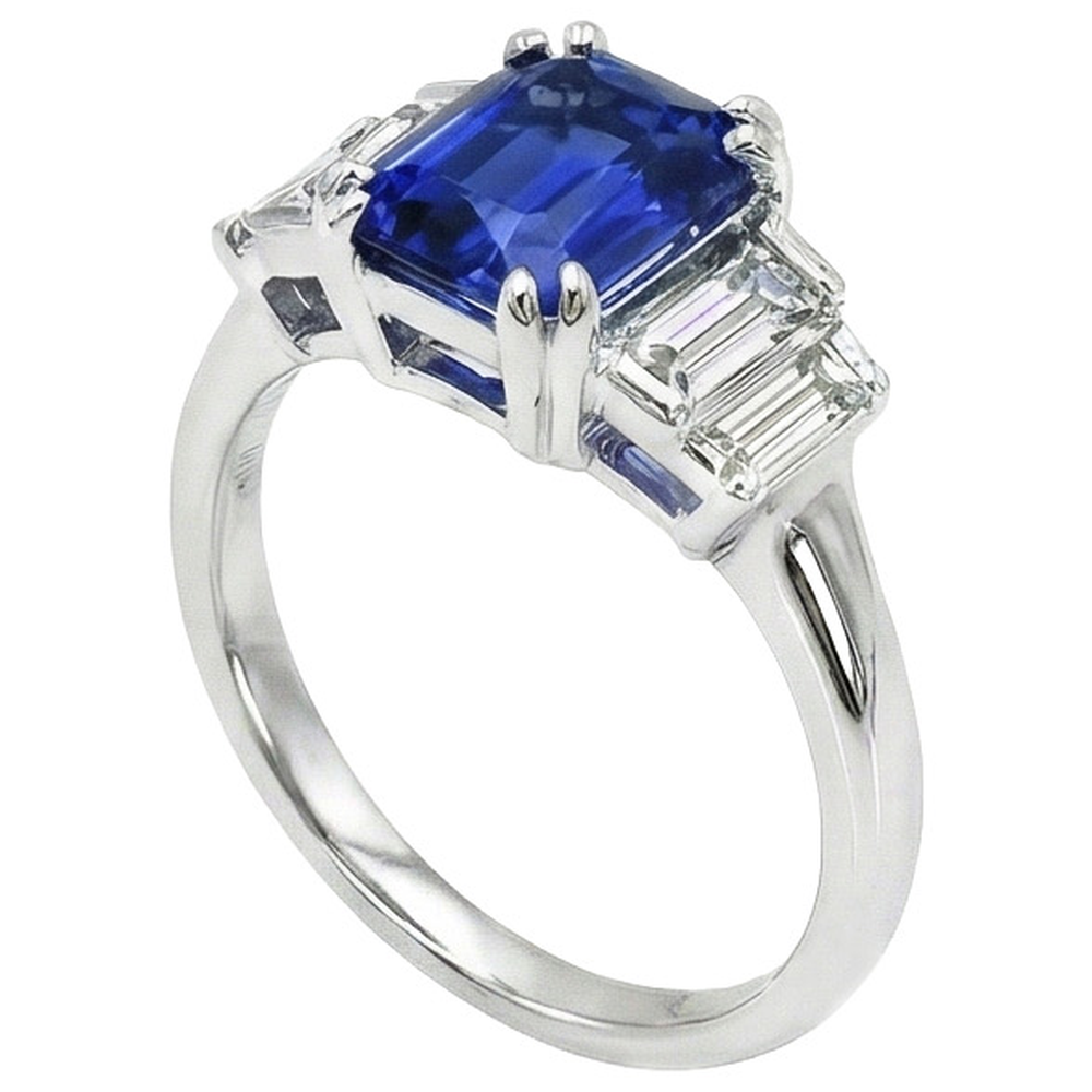 Edelsteinring Radiant Cut Ceylon Saphir & Baguette Aus der Erde Abgebauter Natürlicher Diamanten 3 Karat