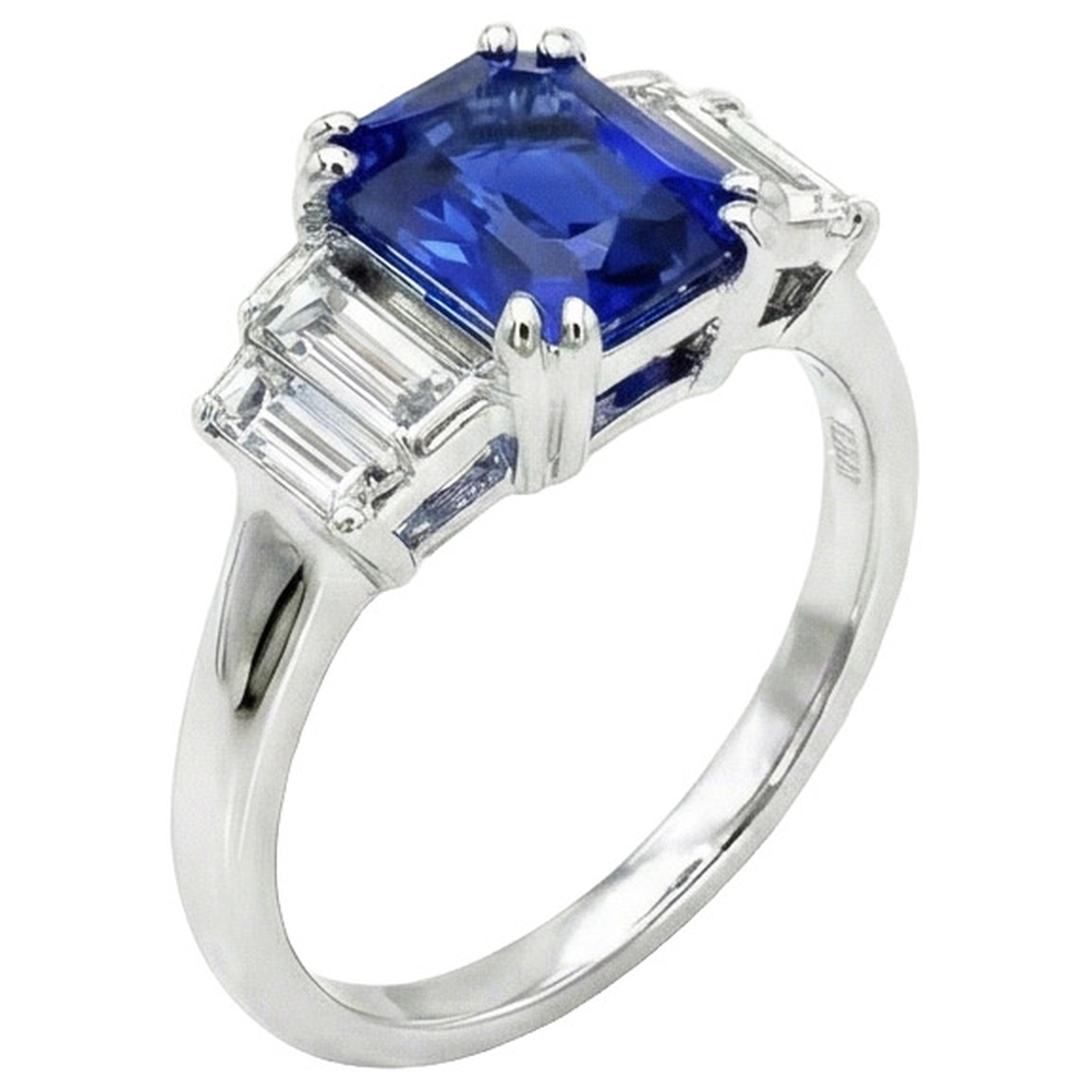 Edelsteinring Radiant Cut Ceylon Saphir & Baguette Aus der Erde Abgebauter Natürlicher Diamanten 3 Karat