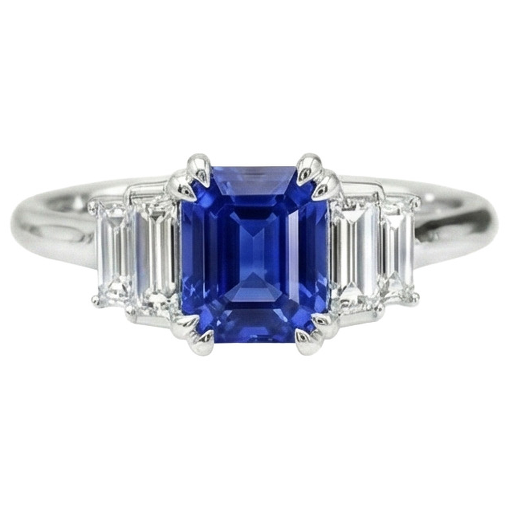 Edelsteinring Radiant Cut Ceylon Saphir & Baguette Aus der Erde Abgebauter Natürlicher Diamanten 3 Karat
