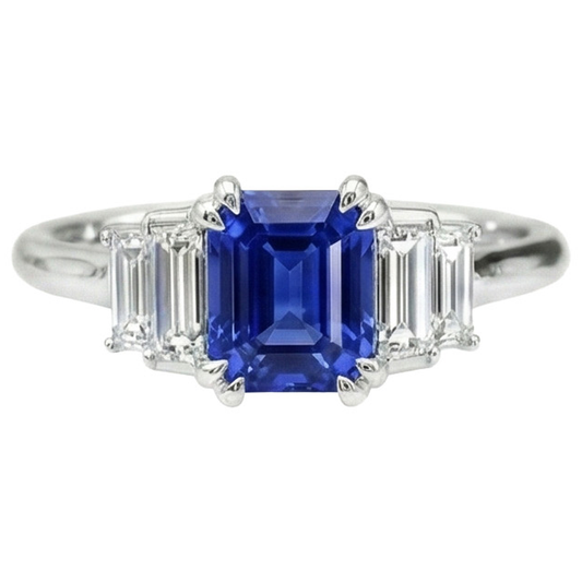 Edelsteinring Radiant Cut Ceylon Saphir & Baguette Aus der Erde Abgebauter Natürlicher Diamanten 3 Karat