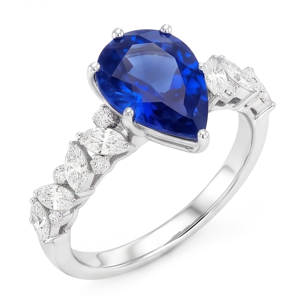 Edelsteinschmuck Blauer Saphir Ring Marquise & Runde Natürlicher Diamant ( nicht im Labor gezüchtet )en 3 Karat