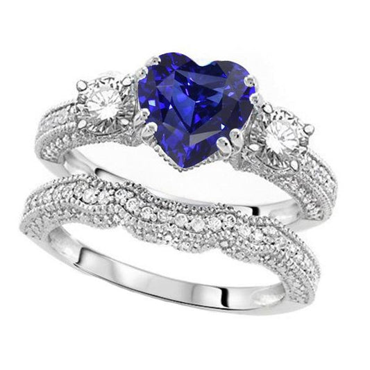 Diamant Ehering Set Herz Blauer Saphir Antiker Stil 3,50 Karat - harrychadent.de