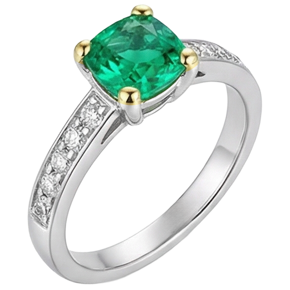 Cushion Edler Smaragd Ring in 14 Karat Zweifarbig Gold – Seitenansicht