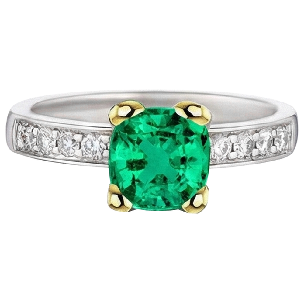 Edler Smaragd Cushion Schmuckstein-Ring in 14 Karat Zweifarbig Gold – Frontansicht