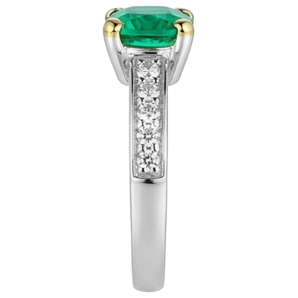 Edler Smaragd Cushion Schmuckstein-Ring in 14 Karat Zweifarbig Gold – Schrägansicht