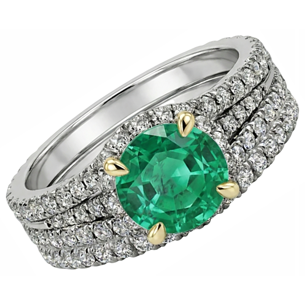 Rund-Brillant Smaragd Ring in Bicolor 14K Gold – Schrägansicht