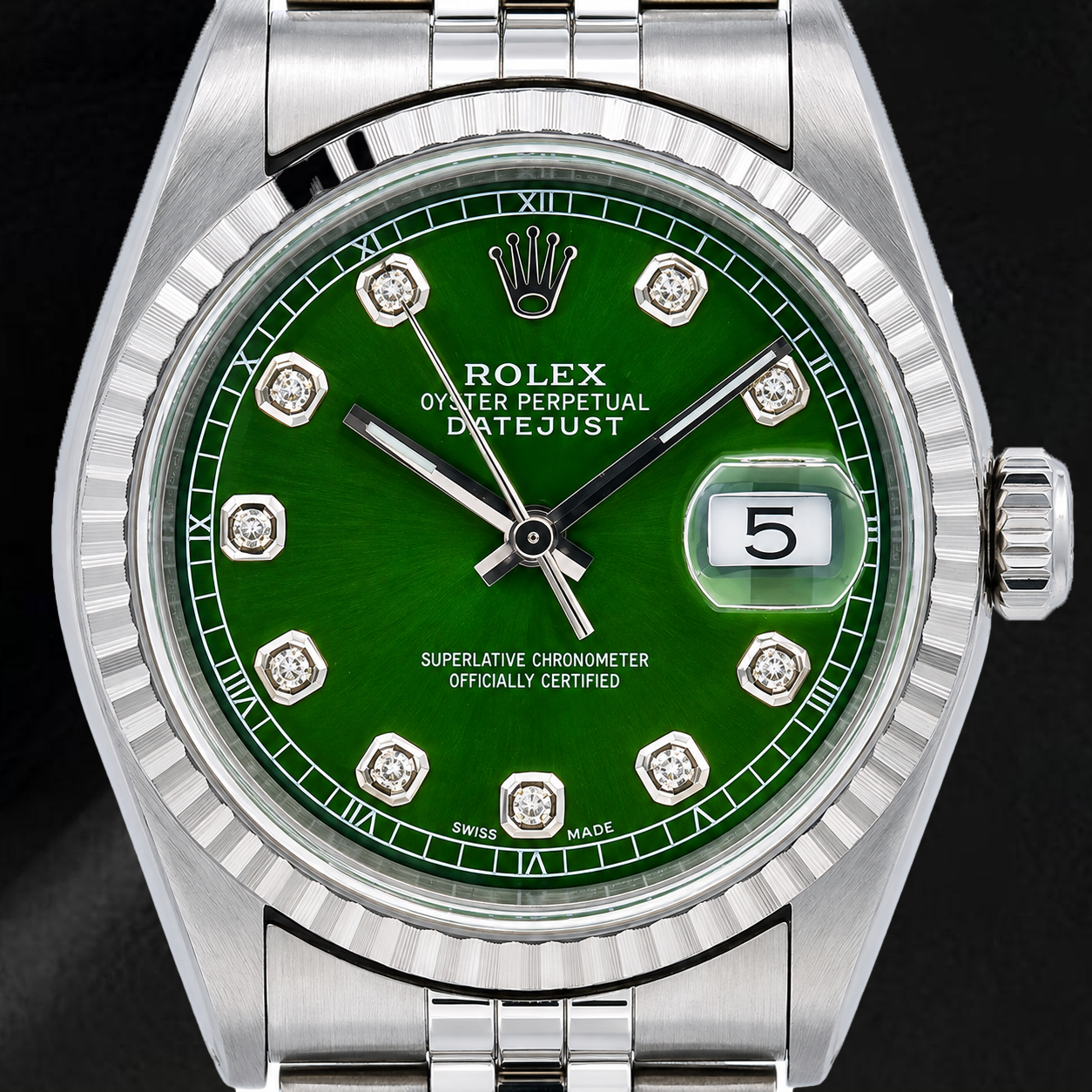 Rolex Datejust 16220 36 mm Uhr aus Edelstahl mit grünem Diamantzifferblatt