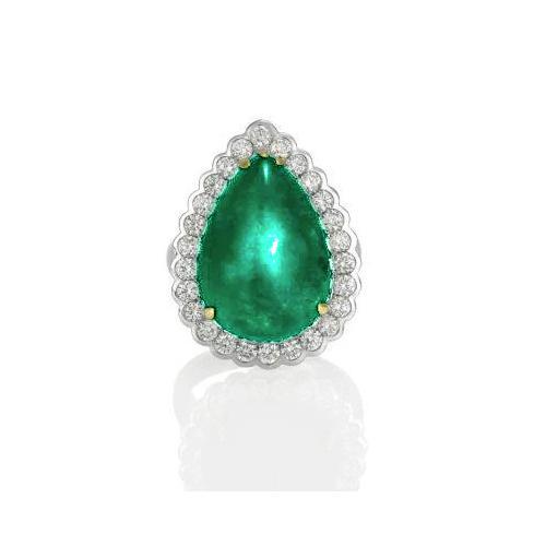 Engagenent Ring Im Birnenschliff Mit Grün Smaragd Und Rundem Diamanten 7,75 Karat