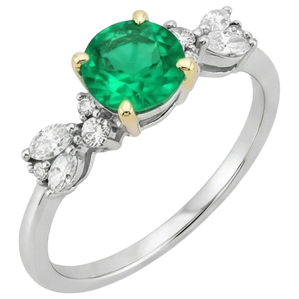 Schmuckstein-Ring 14 Karat Zweifarbig Gold mit Edler Smaragd – Schrägansicht