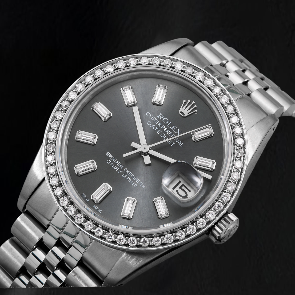 Rolex Datejust 16014 36 mm Uhr aus Edelstahl mit grauem Diamantzifferblatt