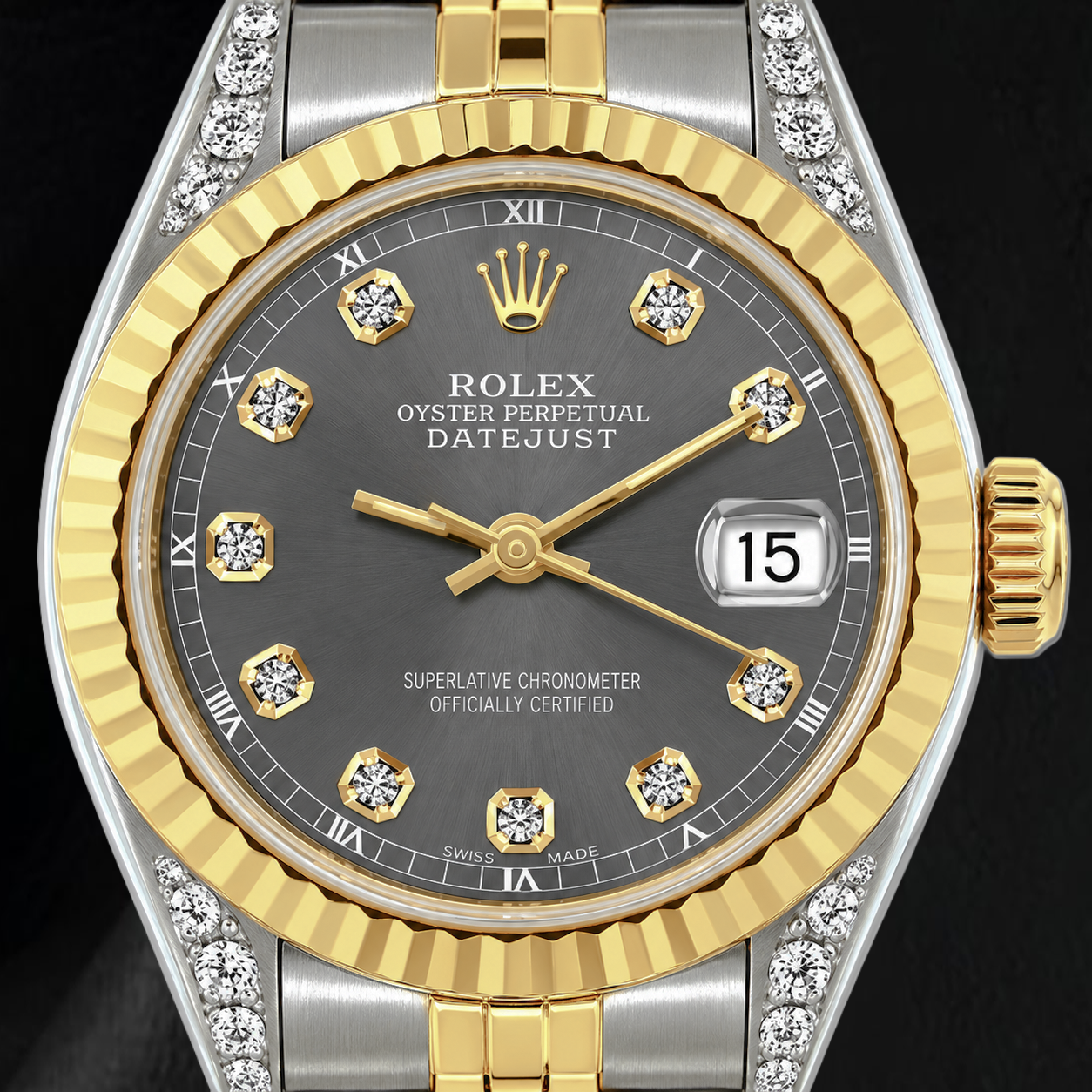 Rolex Datejust 69173 26 mm Bicolor-Uhr mit grauem Diamantzifferblatt und geriffelter Lünette
