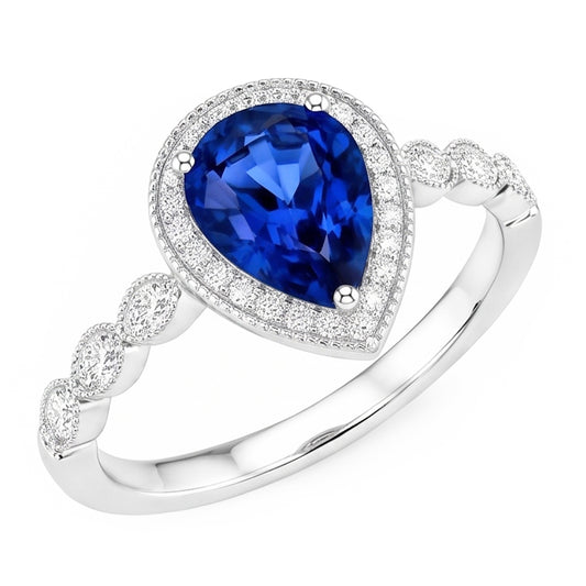 Farbstein-Ring 14 Karat Weißgold – Blauer Saphir Birnen-Schliff