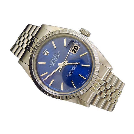 Feine Jahrgang Rolex Date Herren-Datumsuhr mit blauem Zifferblatt und Stahljubilee