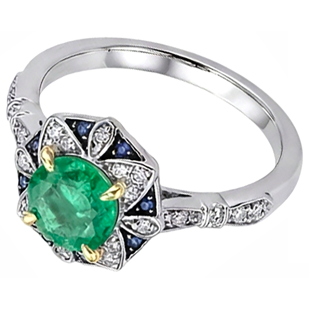 Smaragd Rund-Brillant Edelstein-Ring in 14K – Schrägansicht