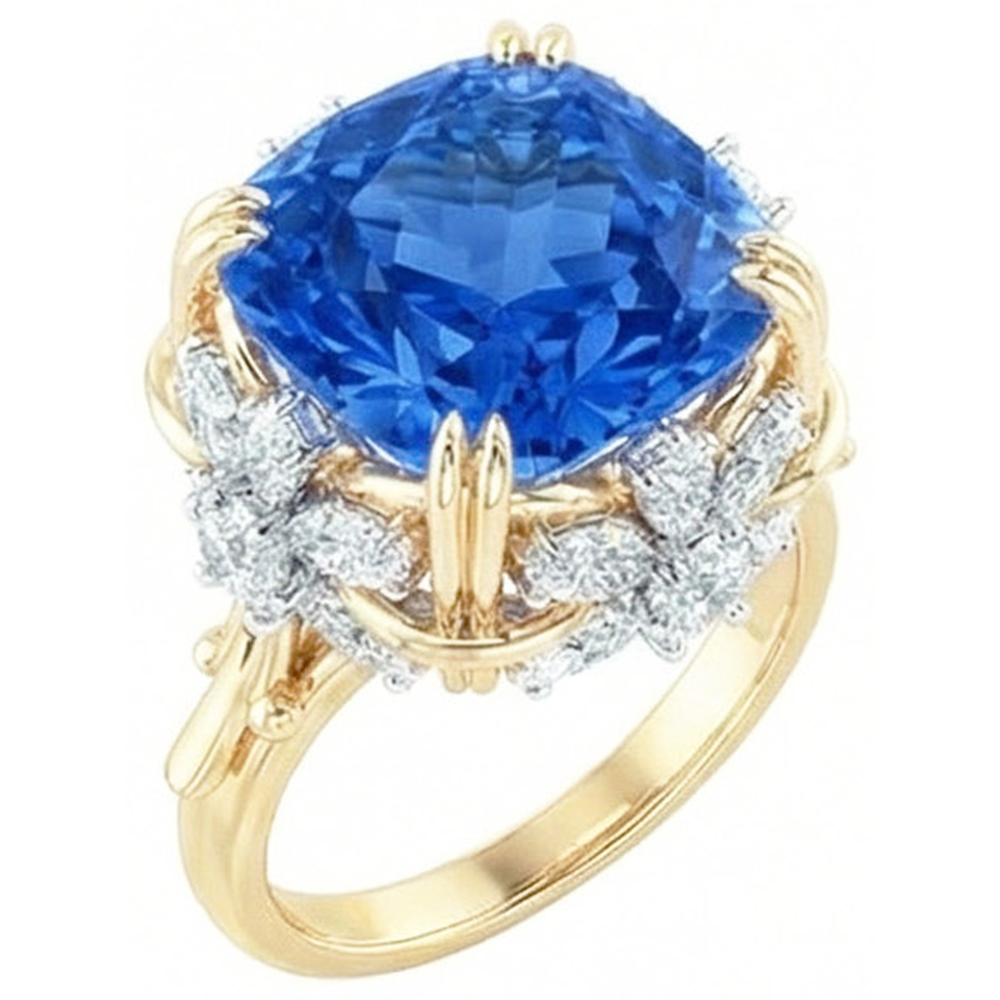 Funkelnd Cushion Ceylon Saphir Aus der Erde Abgebauter Natürlicher Diamant Ring 7.81 Kt Gelbgold 14K