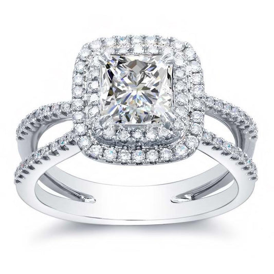 Funkelnde Prinzessin und runder Schliff 4.20 ct Echt Diamanten Halo Ring Krappenset