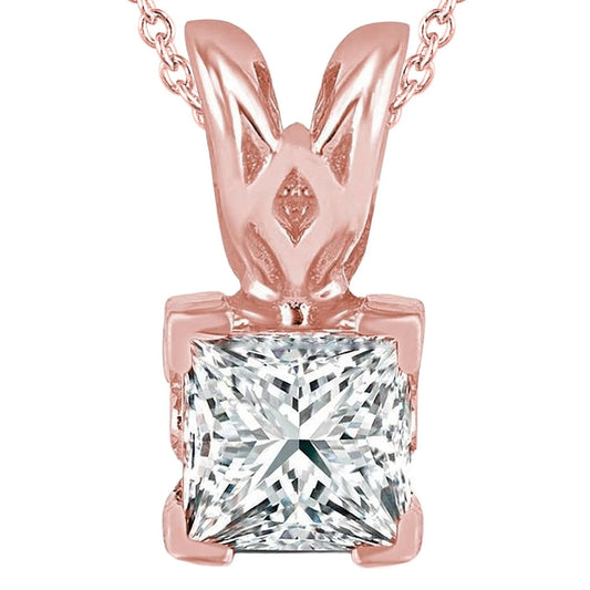 Funkelnde Prinzessinnenschnitt Echt Diamant Halskette Anhänger 2 Karat Roségold 14K