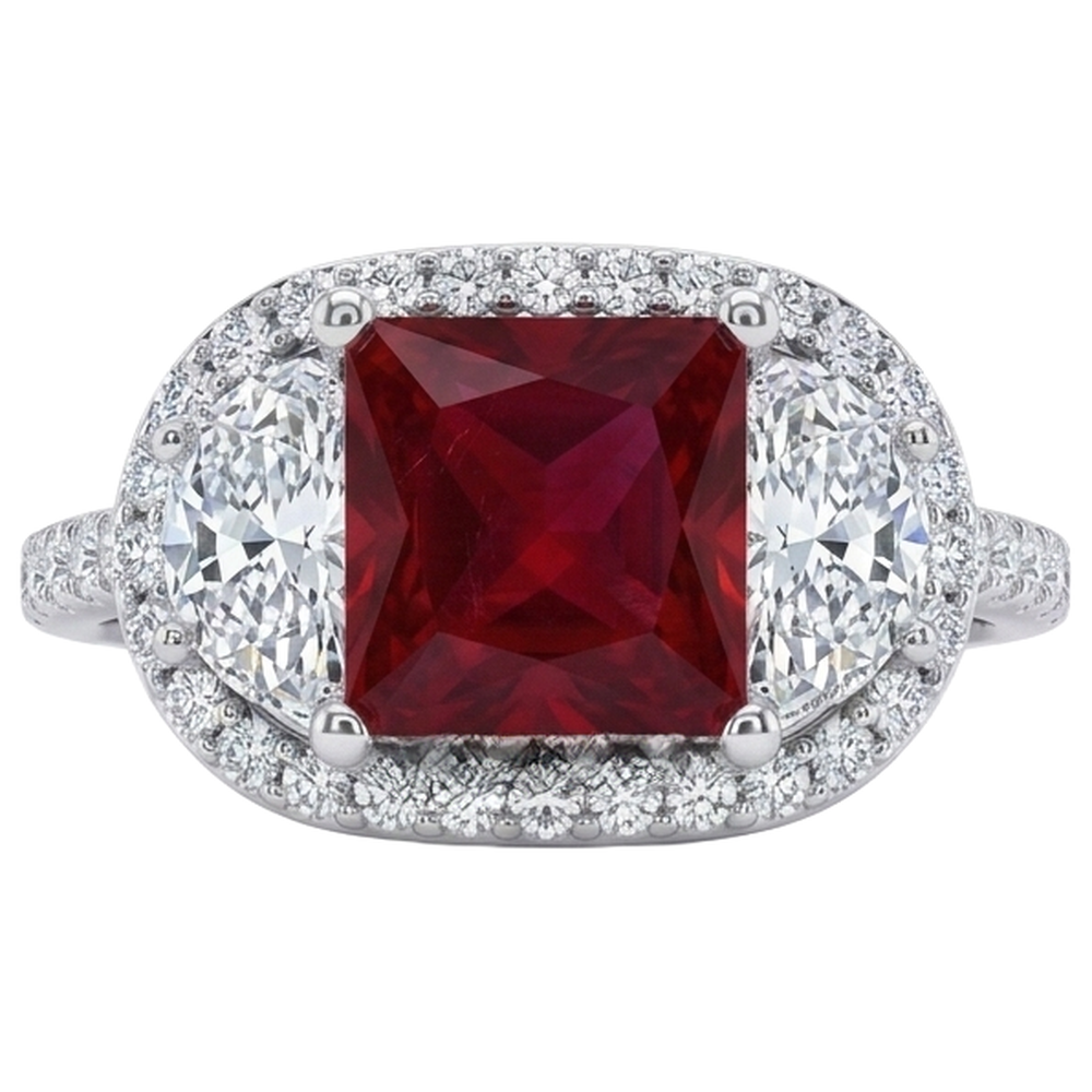 Funkelnder 3 Karat Prinzessin Red Ruby Three Stone Style Ring WG 14K