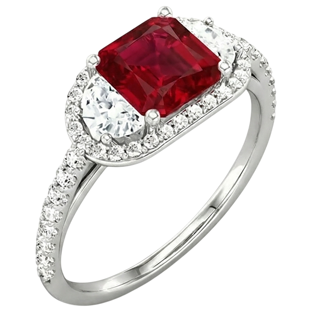 Funkelnder 3 Karat Prinzessin Red Ruby Three Stone Style Ring WG 14K